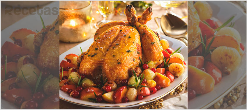 Pollo relleno de manzanas con cebollitas caramelizadas